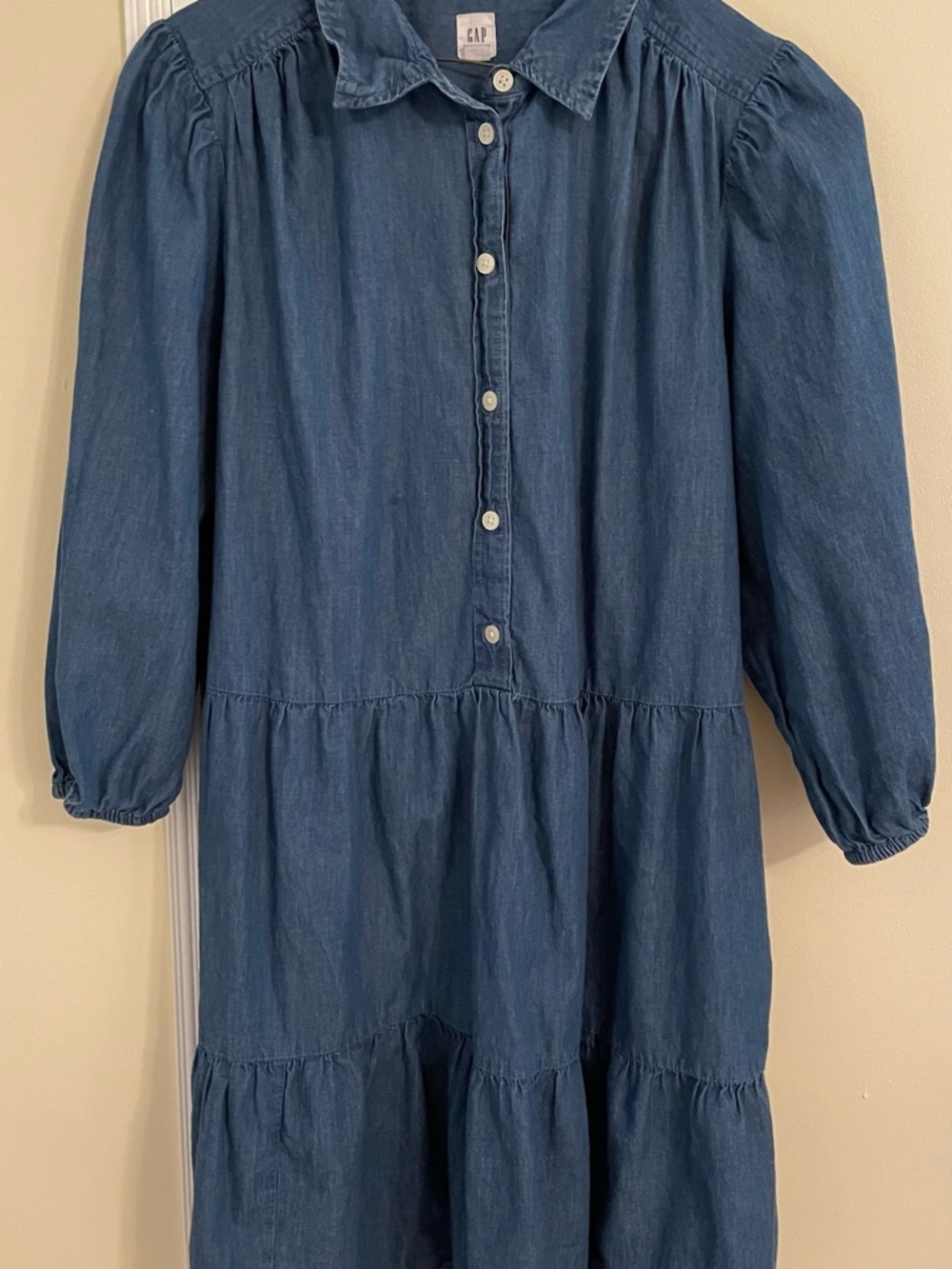 GAP Blue Denim Tiered Button-Front Cotton Boho Tiered Dress, Size S - Picture 8 of 10